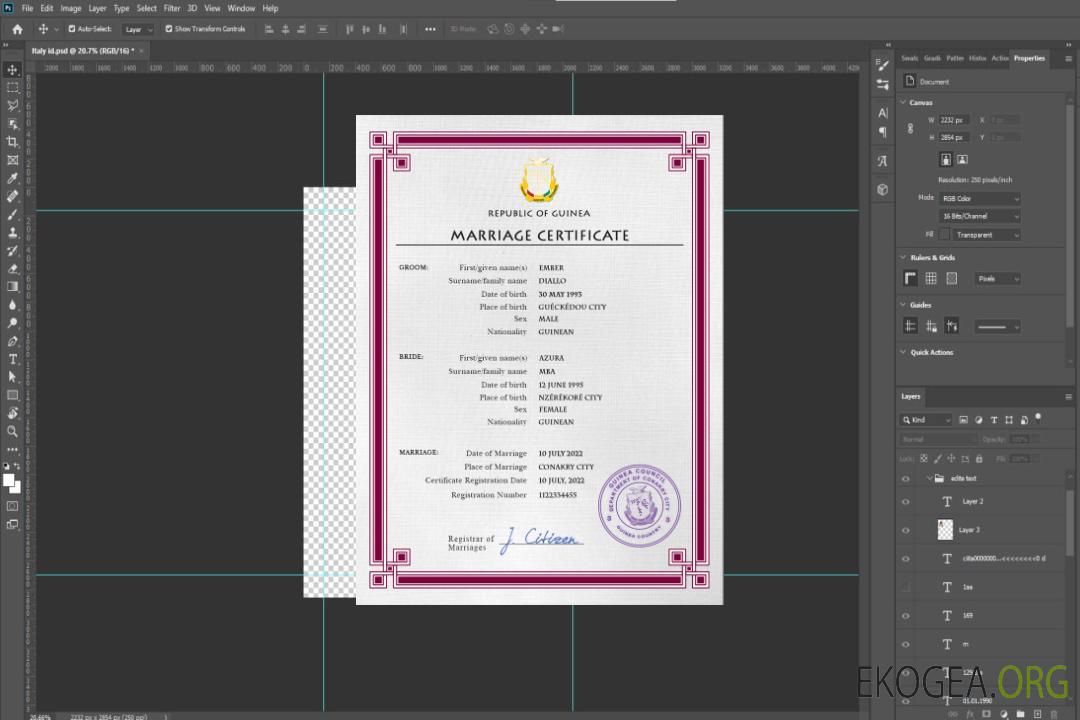 Modèle PSD de certificat de mariage Guniea template Modèle PSD de certificat de mariage Guniea template